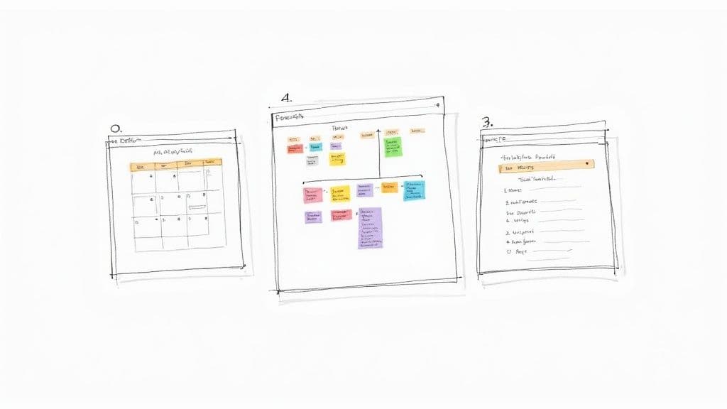 Three hand-drawn wireframes showcasing a calendar, project priorities, and a detailed task list.