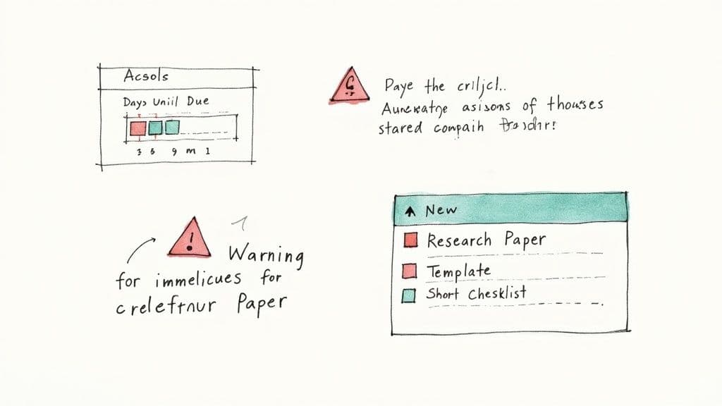 Hand-drawn sketches of a task tracker, warning signs, and a checklist for new research papers and templates.