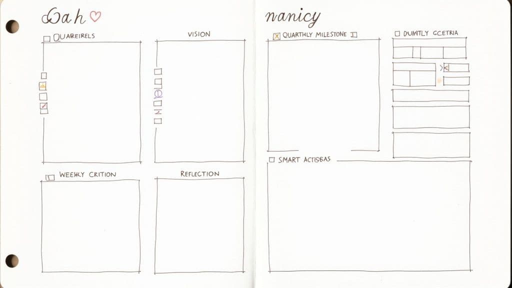 Hand-drawn planner template showing sections for goals, vision, weekly tasks, and reflection with checkboxes.