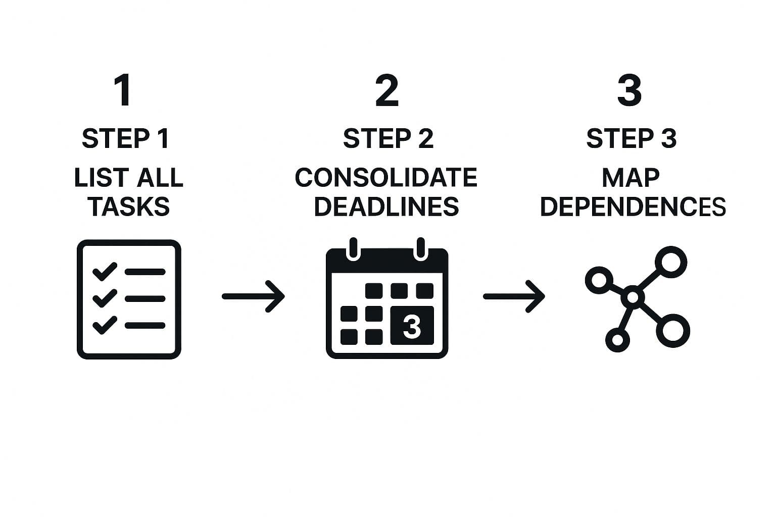 Infographic showing the three steps of consolidating projects: listing tasks, consolidating deadlines, and mapping dependencies.