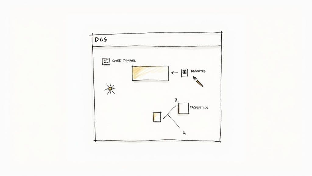 A hand-drawn diagram showing a dashboard interface with sections for cover thumbnail, perks, and properties.