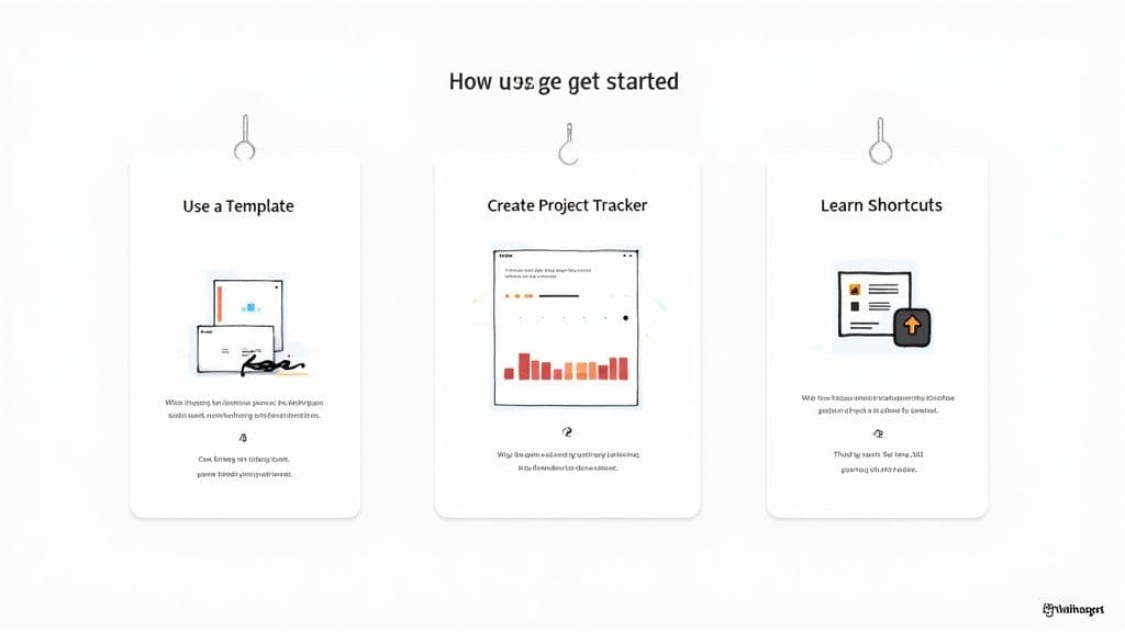 A person's hands organizing papers and a laptop on a clean wooden desk, symbolizing the process of getting started with Notion.