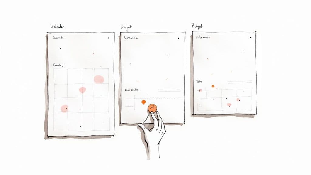 Illustration of various Notion templates for different purposes like content calendars and finance trackers