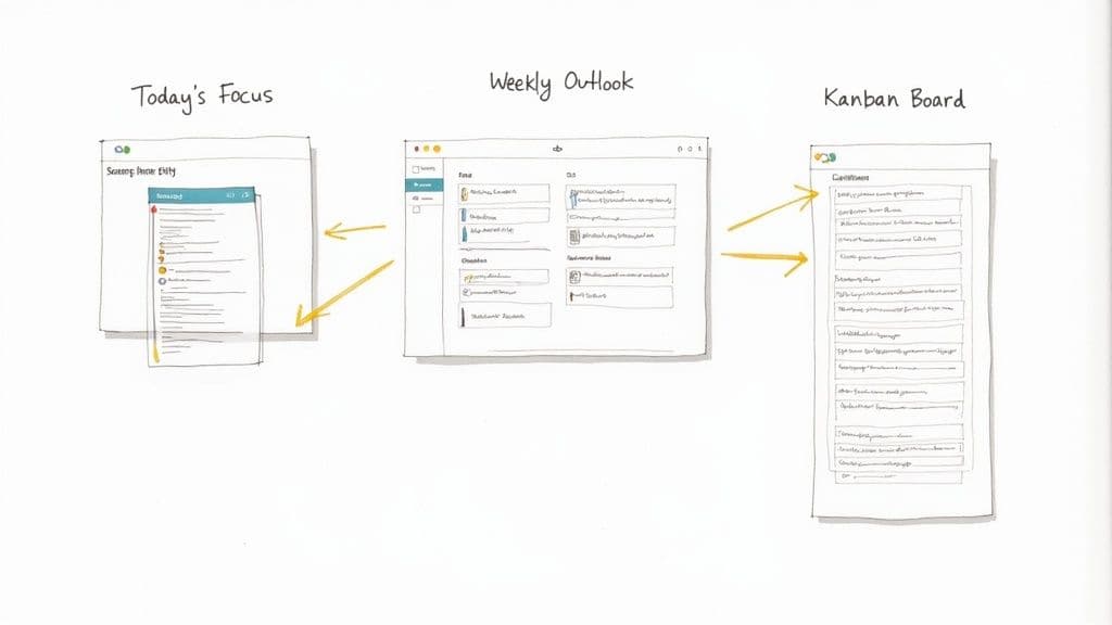 A workflow diagram showing Today's Focus, Weekly Outlook, and Kanban Board for task management.