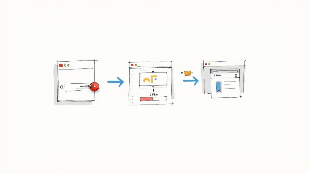 Hand-drawn diagram illustrates a three-step workflow for time tracking within a productivity application.