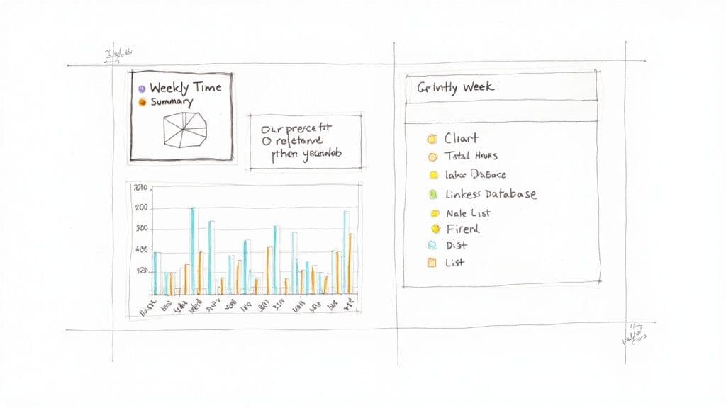 Hand-drawn wireframe for a time tracking dashboard featuring weekly summaries, bar charts, and data lists.