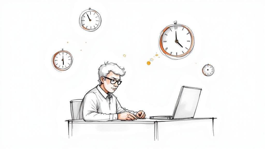 A man with glasses works on a laptop, surrounded by clocks, symbolizing time management.