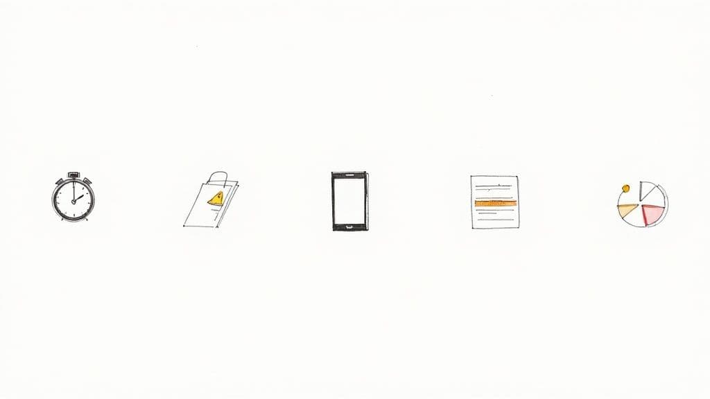 A row of five hand-drawn icons: a stopwatch, a shopping bag, a smartphone, a document, and a pie chart.