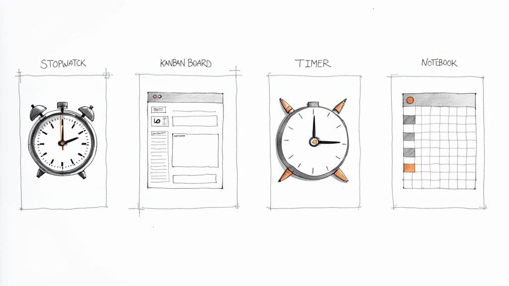 Hand-drawn illustrations of four time management tools: a stopwatch, Kanban board, timer, and a notebook.