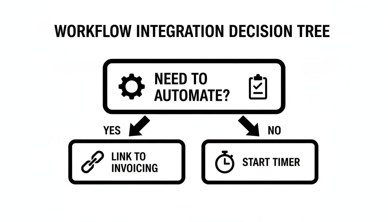 A workflow integration decision tree: 'Need to Automate?' leads to 'Link to Invoicing' (yes) or 'Start Timer' (no).
