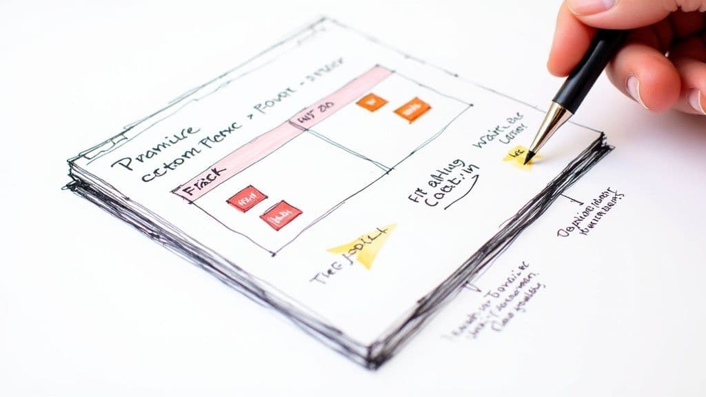 A person's hand uses a pen to draw a detailed, colorful work plan on paper.