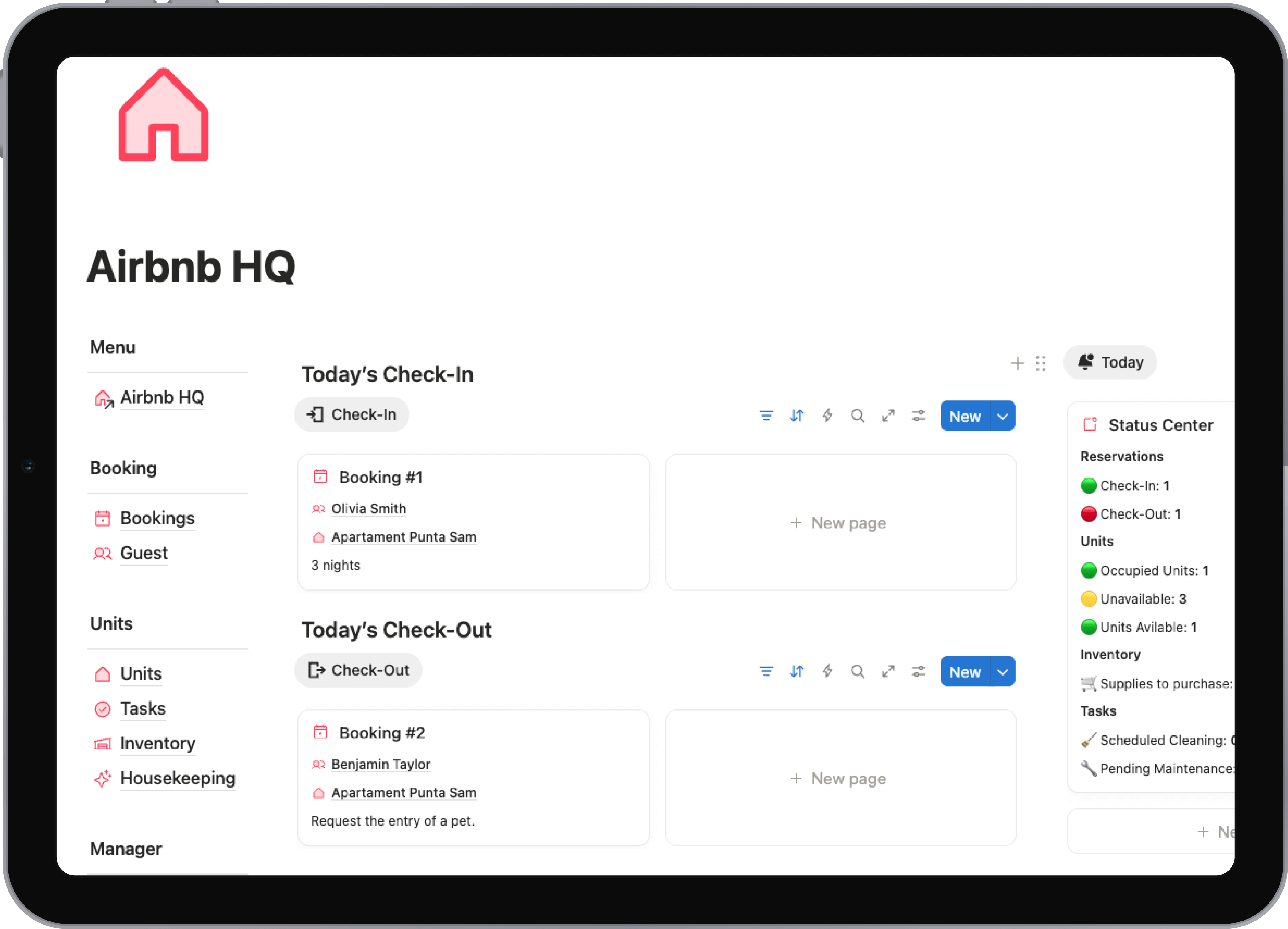 Notion template: Airbnb Management - Enhance your Airbnb management experience with this comprehensive Notion template. Streamline operations, manage bookings, track finances, and coordinate your team - all in one place.