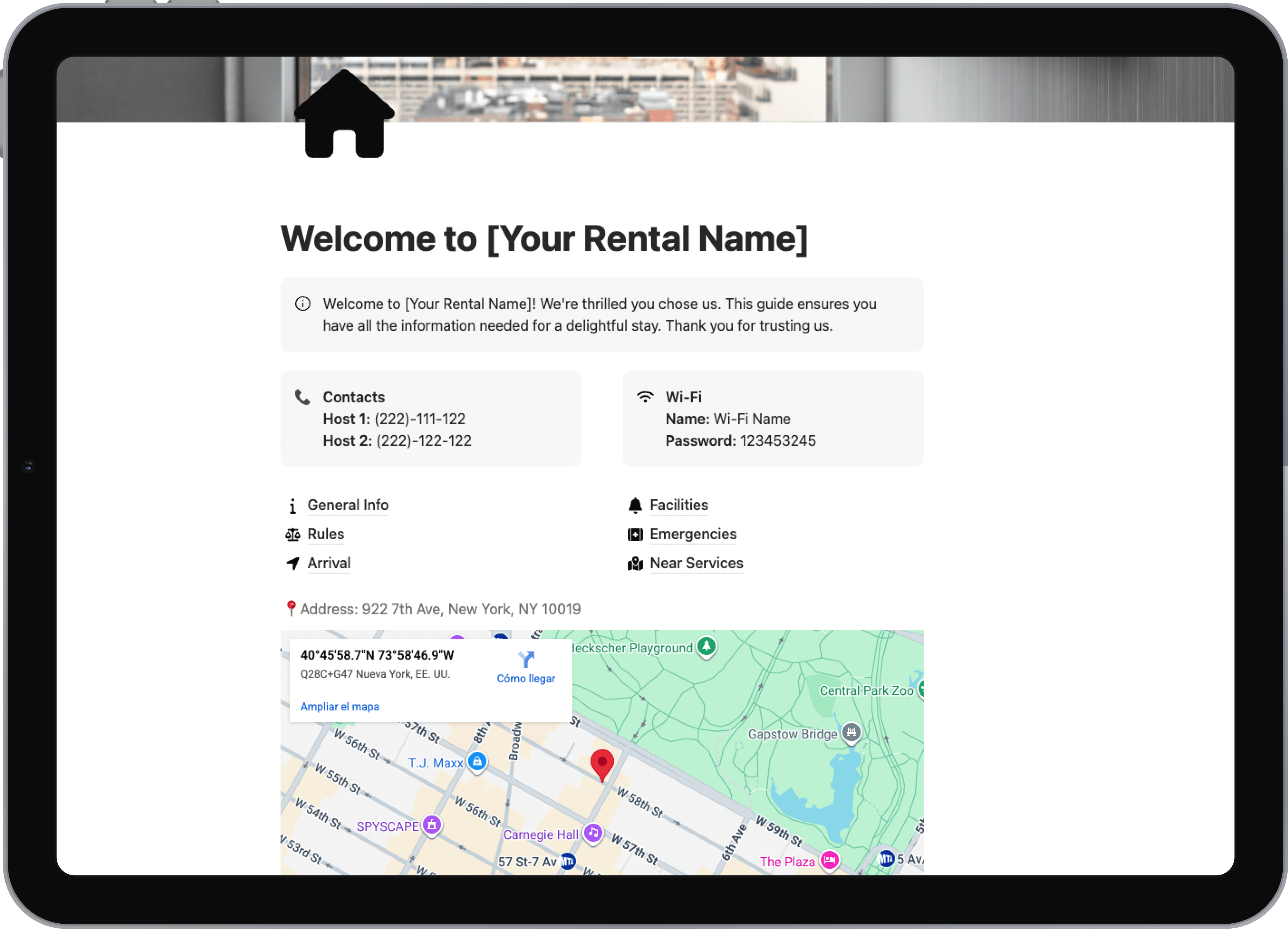 Notion template: Airbnb Welcome Guide - Create the perfect guest experience with this comprehensive Airbnb Welcome Guide template. Help your guests feel at home while boosting your ratings and reducing repetitive questions.