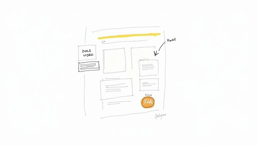 A hand-drawn wireframe sketch illustrating a website layout with content blocks, navigation, and an FAQ button.