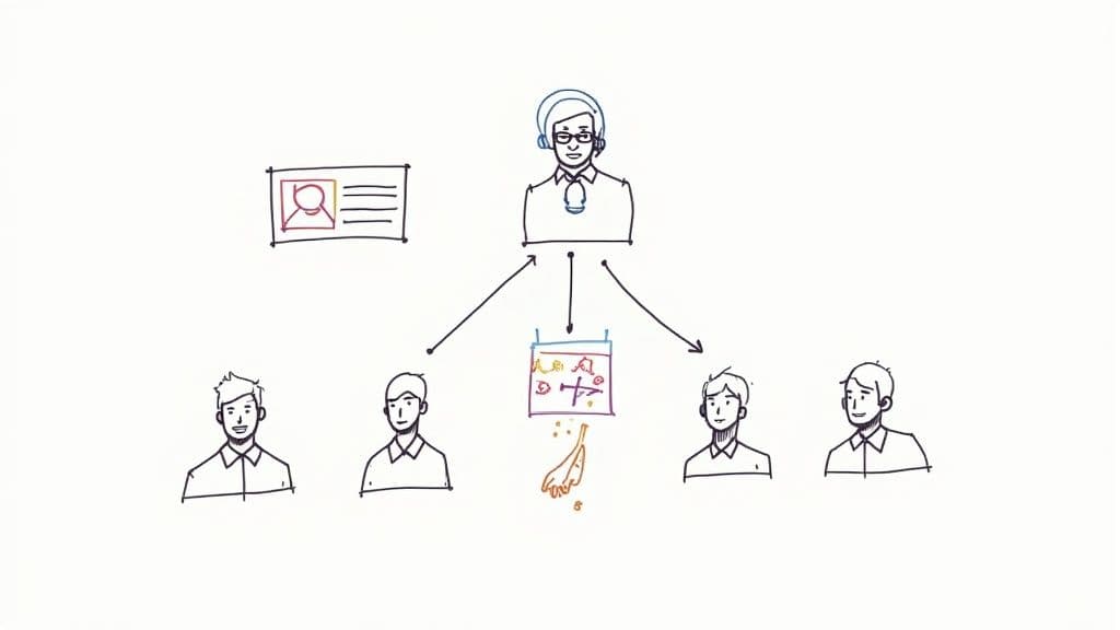 Hand-drawn diagram of a central customer service agent interacting with four clients, managing profiles and schedules.