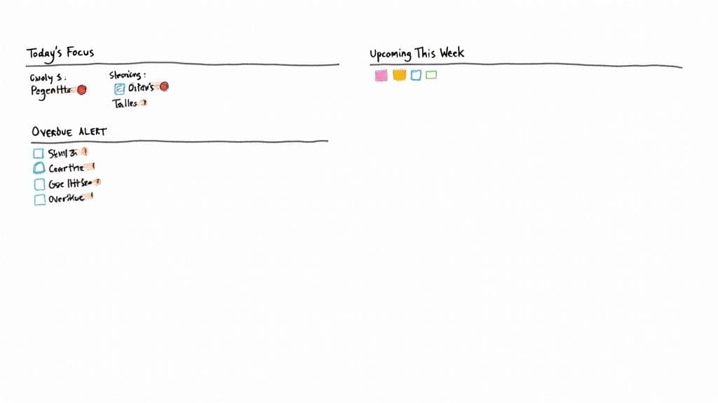 Handwritten daily planner showing tasks for today, overdue alerts, and upcoming weekly items with checkboxes.