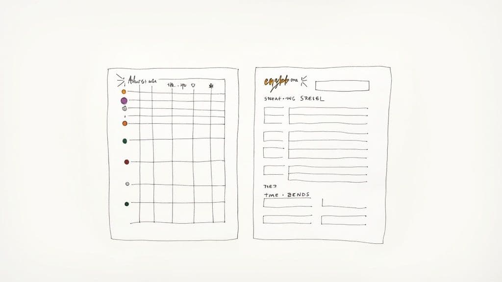 Two minimalist hand-drawn planner pages: a colorful habit tracker and a daily schedule layout.