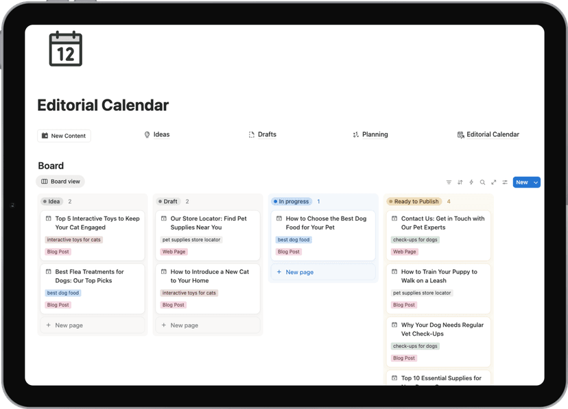 Notion template: Editorial Calendar - Never miss a publishing deadline again. This all-in-one editorial calendar turns scattered ideas into published content with zero chaos, zero missed deadlines, and zero stress.