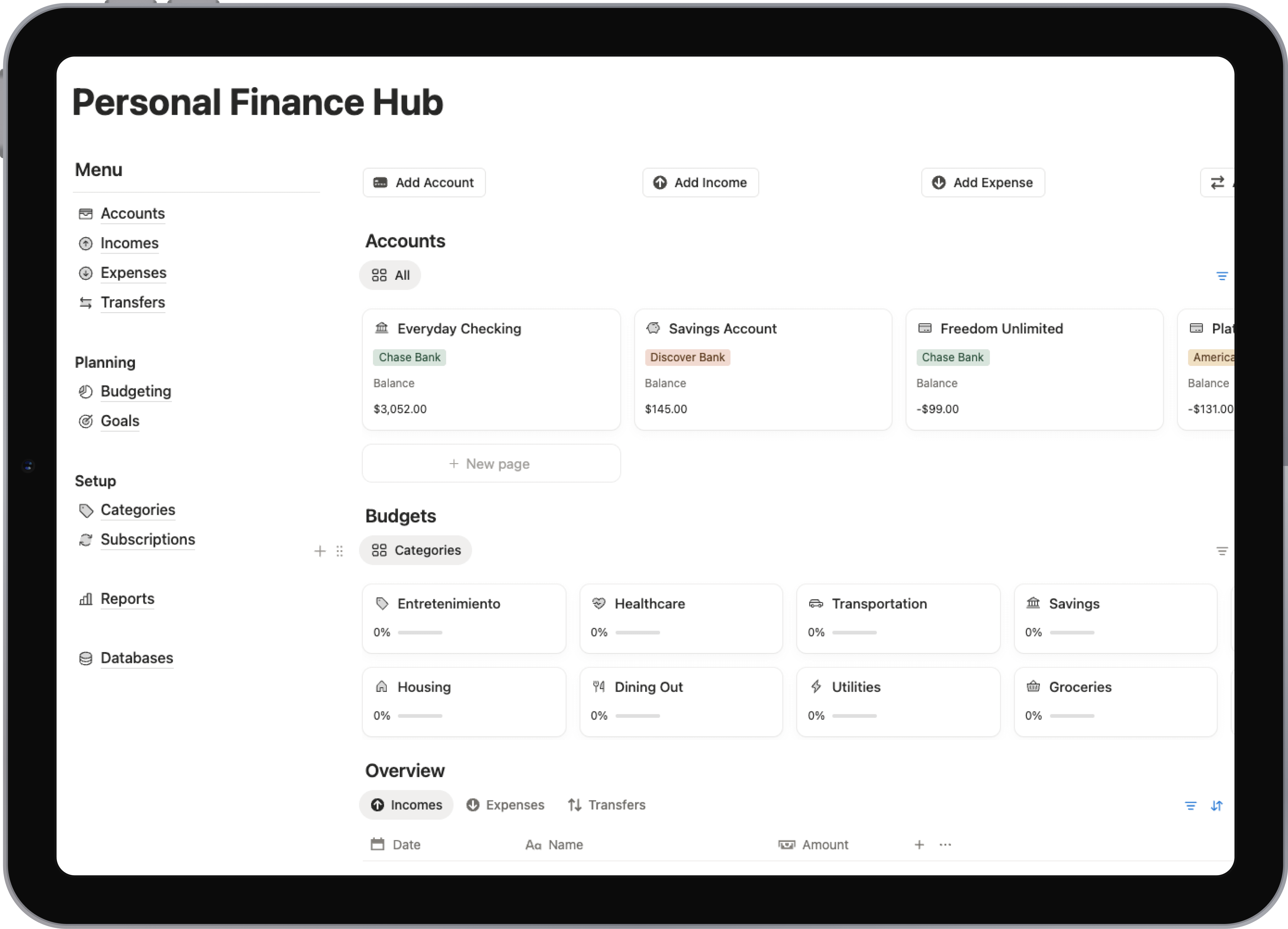 Notion template: Personal Finance Hub - Take control of your finances. Budget, track expenses, and build wealth with this comprehensive system.