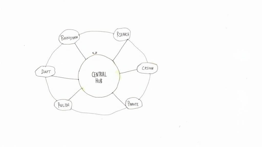 A hand-drawn diagram illustrating a central hub connected to six surrounding nodes labeled 'BAINSTREAM', 'RESEARCH', 'CESIUN', 'PRAMOTE', 'PULISM', and 'DAFT'.