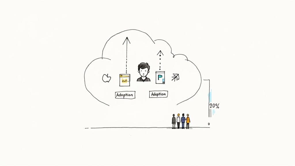 A sketch illustrating user adoption of cloud applications, featuring app icons, a user, and a 20% progress bar.