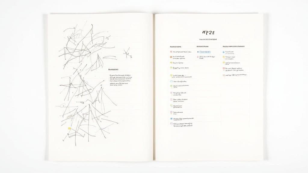 Open notebook showing brainstorming sketches on left page and structured note taking template on right page