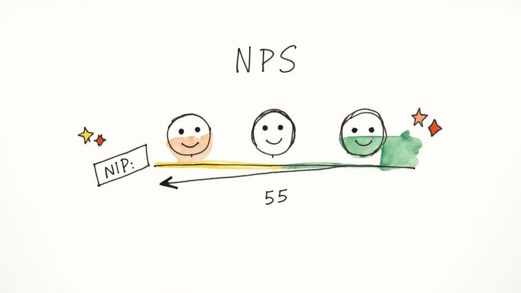 Hand-drawn illustration showing NPS score of 55 with happy faces and a progress bar.
