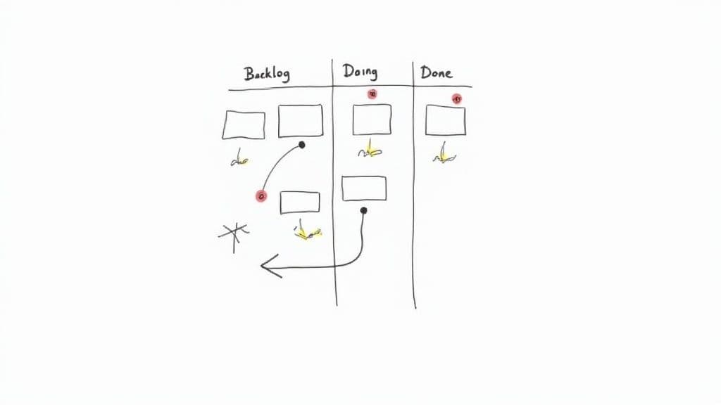 A hand-drawn Kanban board illustrating task flow from backlog to done columns.