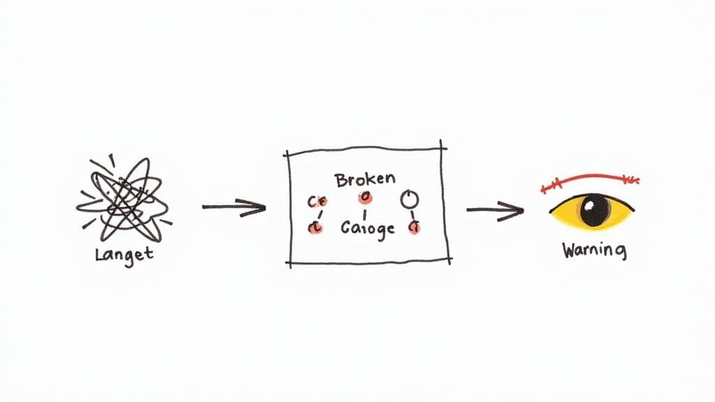 A flow diagram illustrating a chaotic input, a broken system, and a warning eye.