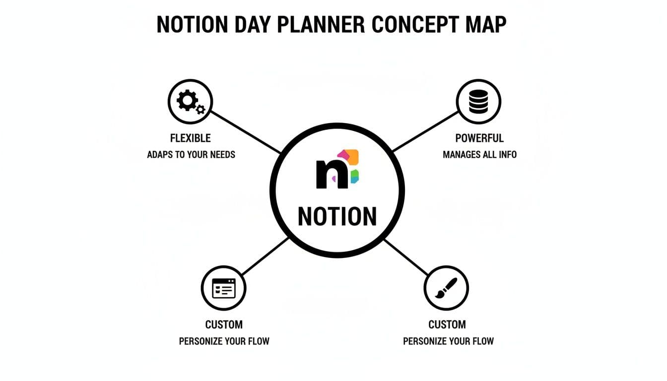 A concept map illustrating the features of a Notion Day Planner: flexible, powerful, and custom.