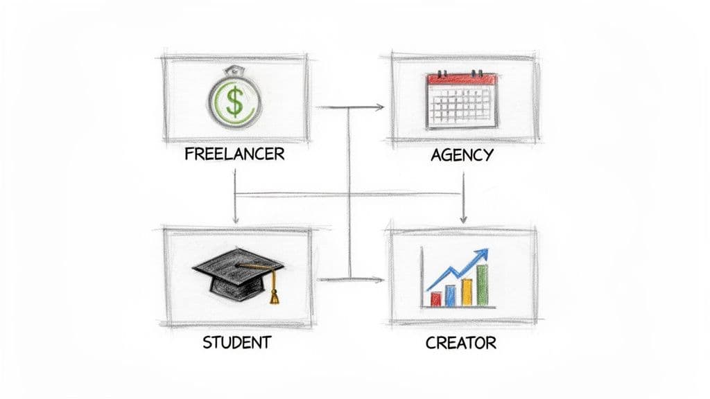 A conceptual diagram illustrating the interconnected journey between freelancer, agency, student, and creator roles.