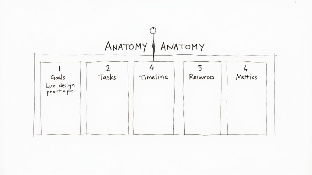 Hand-drawn diagram showing 'Anatomy' sections for a work plan: goals, tasks, timeline, resources, and metrics.
