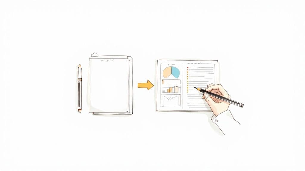 A person writing in a notebook next to a laptop displaying a Notion journal template
