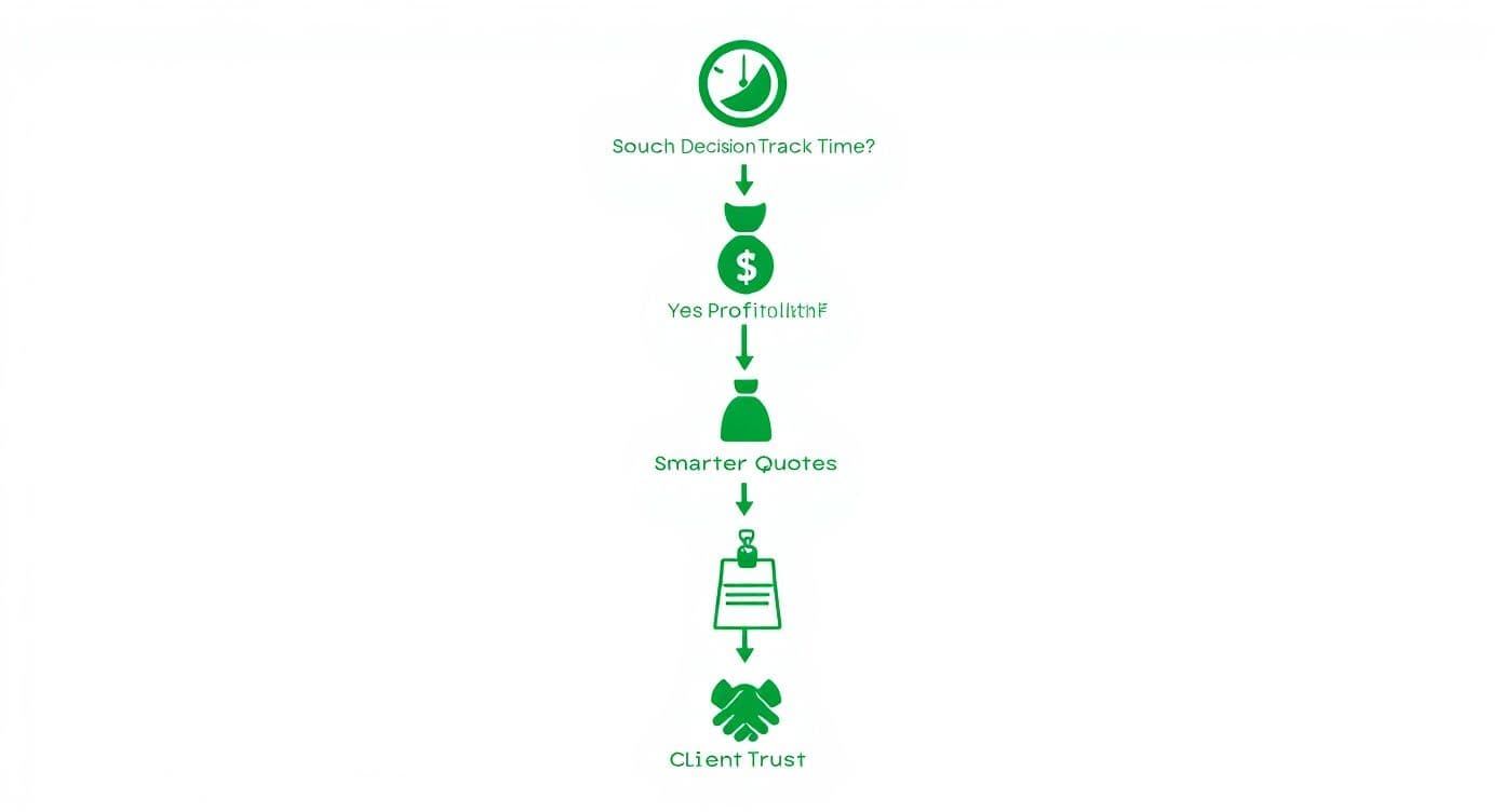 Infographic decision tree showing that tracking time leads to profitability, smarter quotes, and increased client trust.