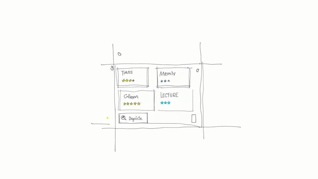 Hand-drawn wireframe sketch showing note-taking app interface with categorized sections and star ratings