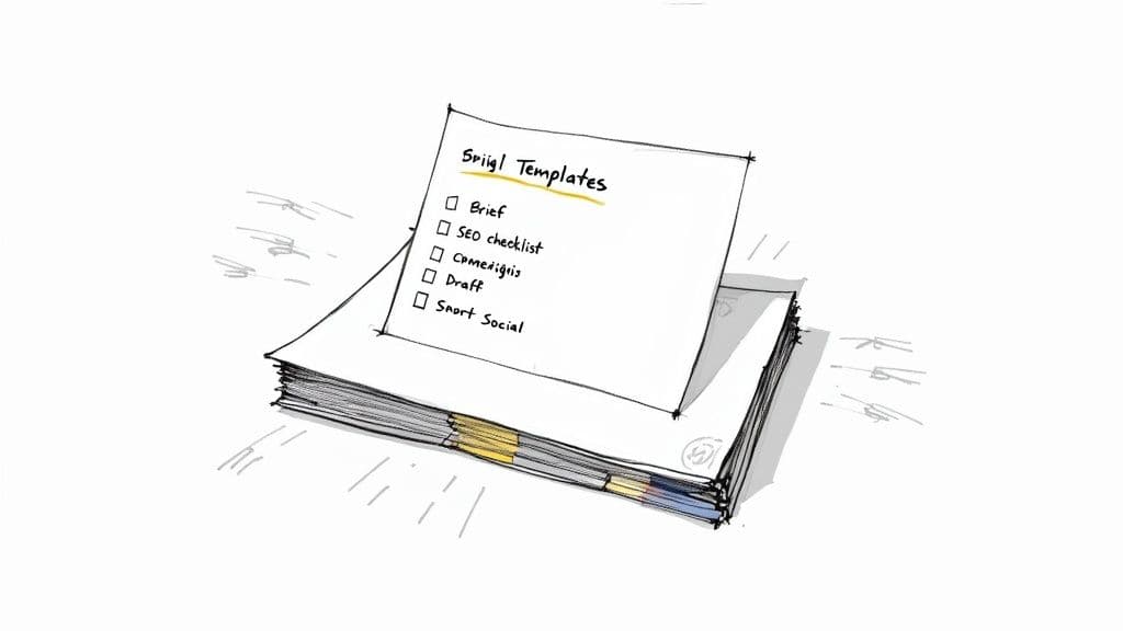 A hand-drawn sketch of a checklist titled 'Smiigl Templates' on a stack of papers.