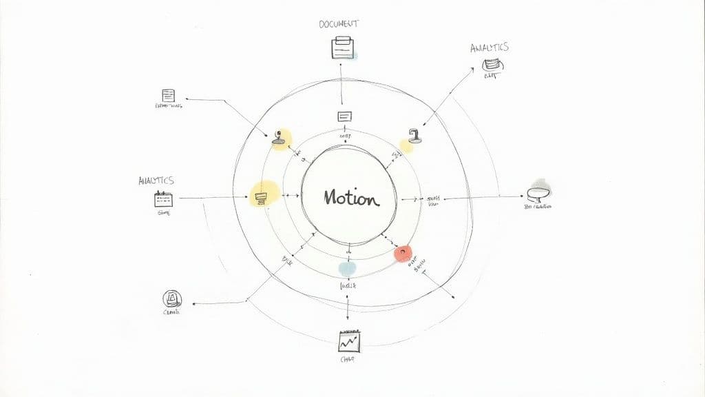 A hand-drawn conceptual diagram illustrates 'Motion' at its core, connecting to documents, analytics, and clients.