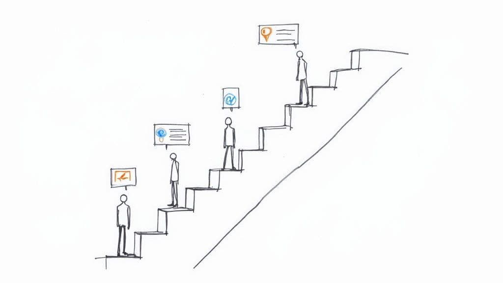 Hand-drawn illustration of people climbing stairs, each with different thought bubble icons representing steps towards a goal.