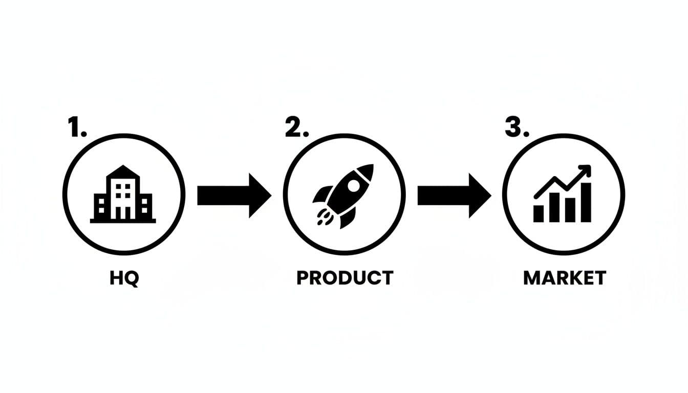 A three-step business process flow showing HQ leading to Product development, then launching into the Market.