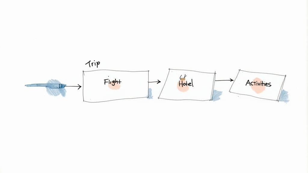 Hand-drawn flowchart diagram showing trip planning process with flight, hotel, and activities stages