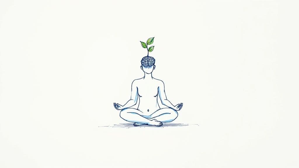 An illustration of a person meditating, with a brain and green plant sprouting from their head, symbolizing mental growth.
