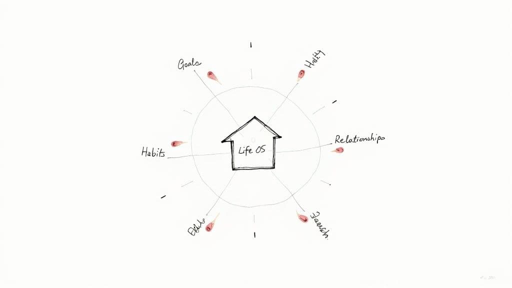 A hand-drawn diagram illustrating a 'Life OS' at the center, surrounded by categories like Goals, Habits, and Health.