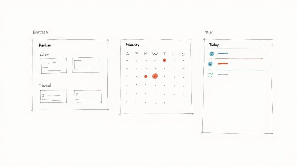 Wireframe sketches showing Kanban board, Mierday calendar, and Nive task list productivity templates