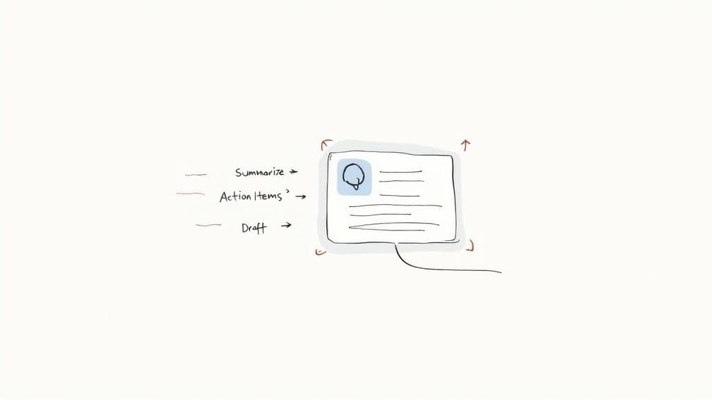 An illustration showing the Notion AI logo with glowing connections to documents and databases