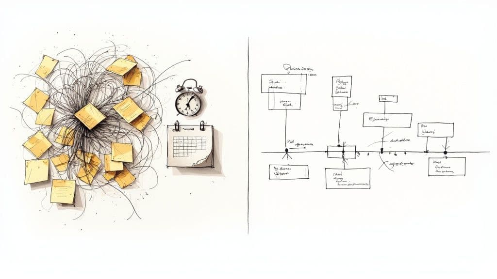 Illustrates the contrast between chaotic brainstorming with sticky notes and a clear, organized workflow.