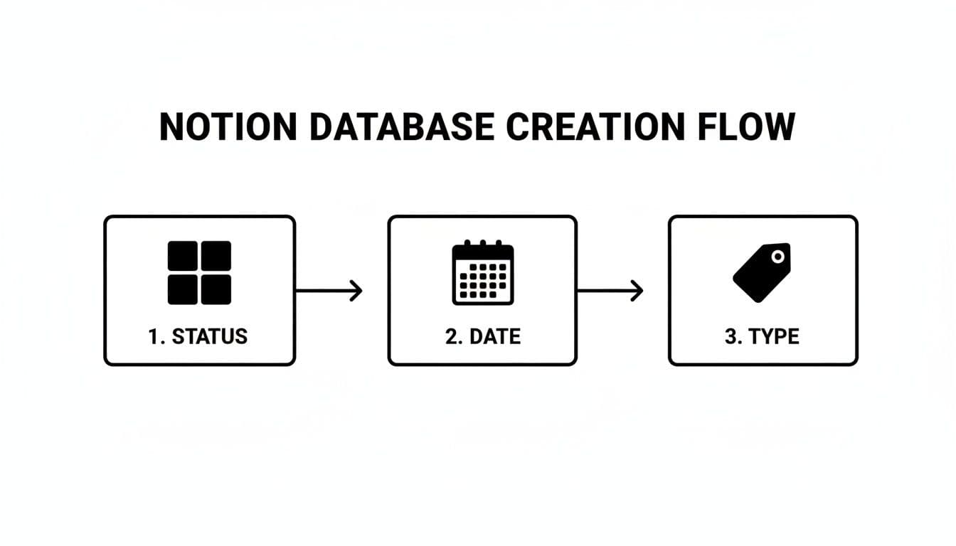 Flowchart detailing Notion database creation steps for Status, Date, and Type properties.