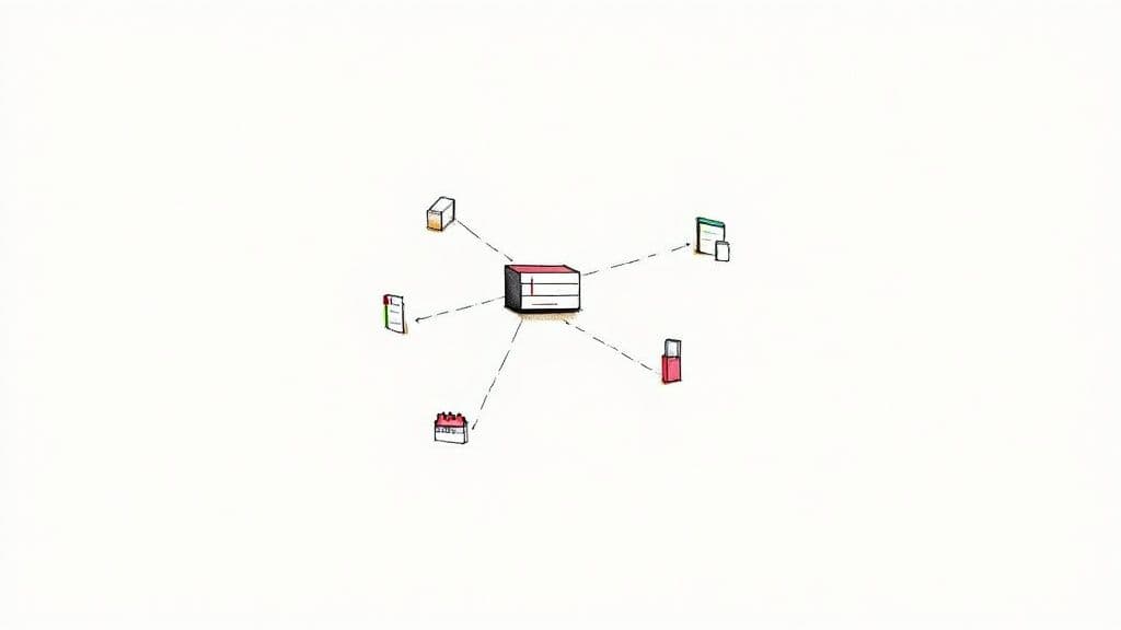 Illustration of a central system managing various digital items like documents, a calendar, and a box.