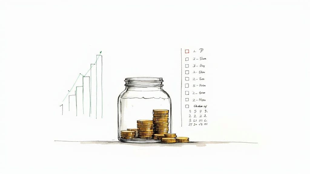 An illustration of financial goals, savings, and achievement, featuring a growing bar chart, a money jar, and a checklist.
