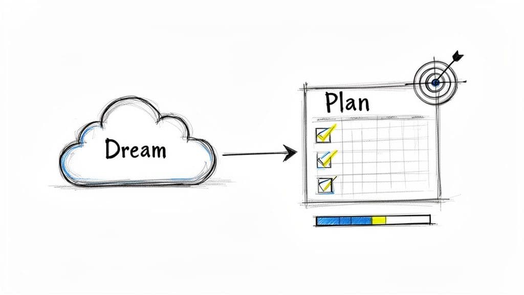 Hand-drawn illustration depicting a dream transforming into a plan with checkboxes, progress, and a target achieved.