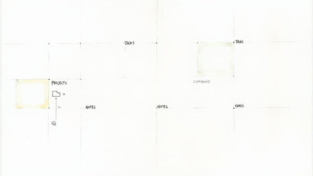 Hand-drawn Notion workspace layout showing projects, tasks, notes, and goals organization sections with sticky note